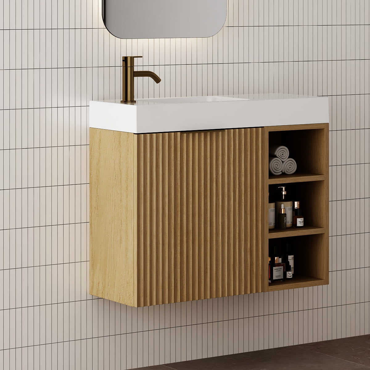 Milano Wave Flute 700mm Small Space Vanity with Shelf-Natural Oak