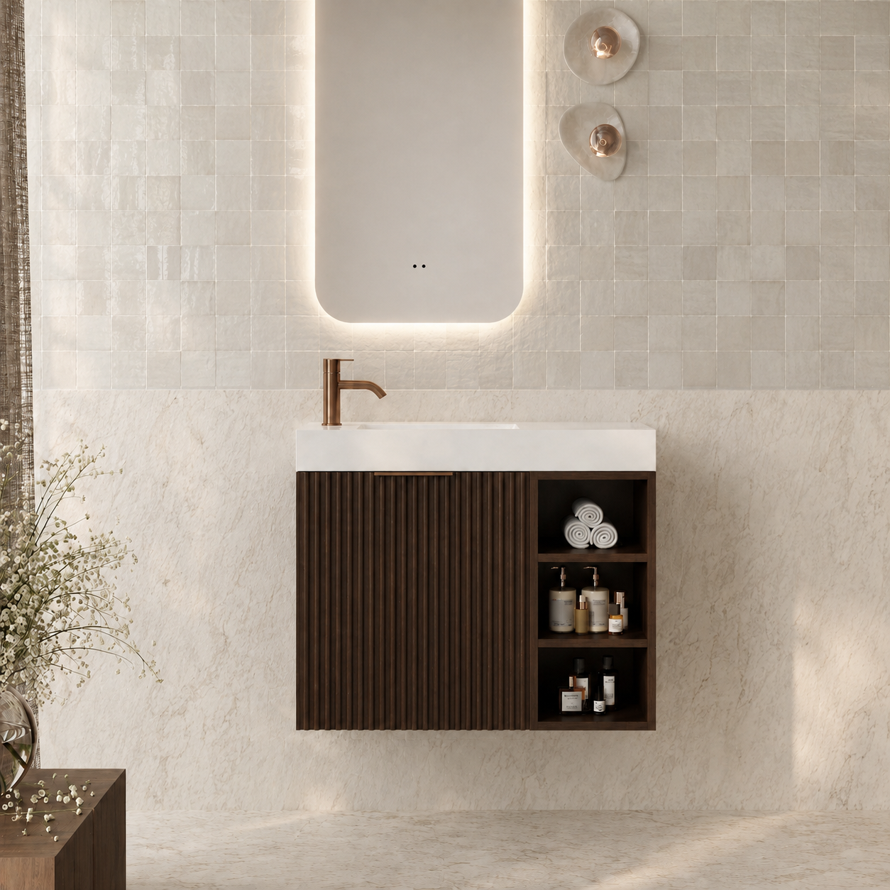 Milano Wave Flute 700mm Small Space Vanity with Shelf-Walnut