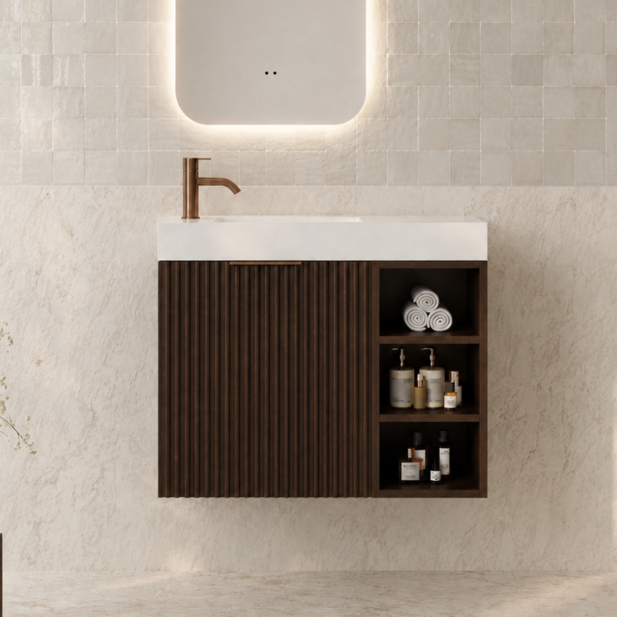Milano Wave Flute 700mm Small Space Vanity with Shelf-Walnut