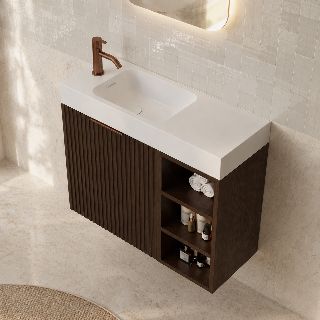 Milano Wave Flute 700mm Small Space Vanity with Shelf-Walnut