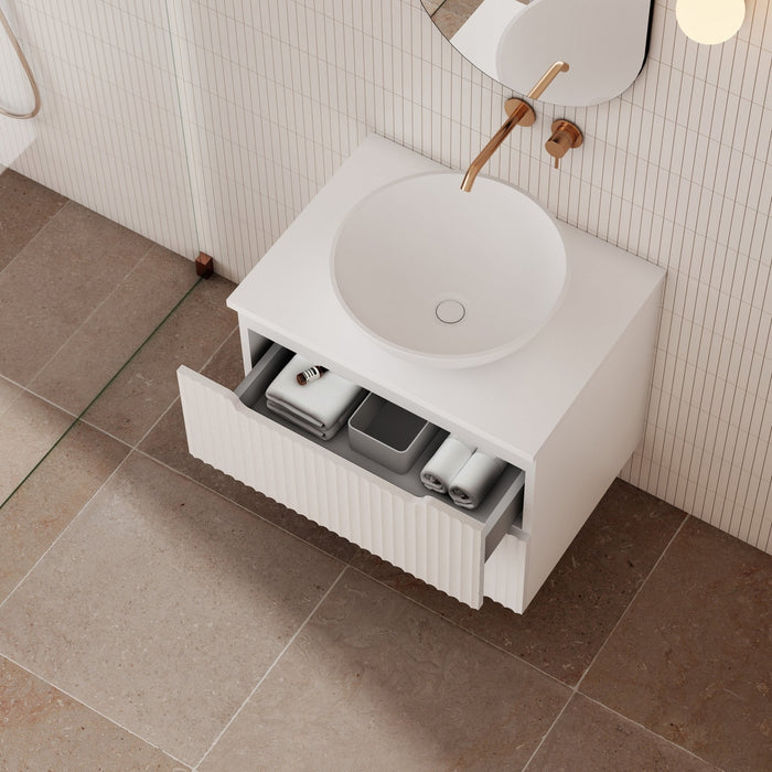 Milano Wave Flute Wall Hung Vanity Matte White - Ideal Bathroom CentreWAVE600WHMW600mm Centre BowlCeramic Moduled Top