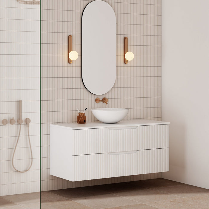 Milano Wave Flute Wall Hung Vanity Matte White - Ideal Bathroom CentreWAVE1200WHMW1200mm Centre BowlCeramic Moduled Top