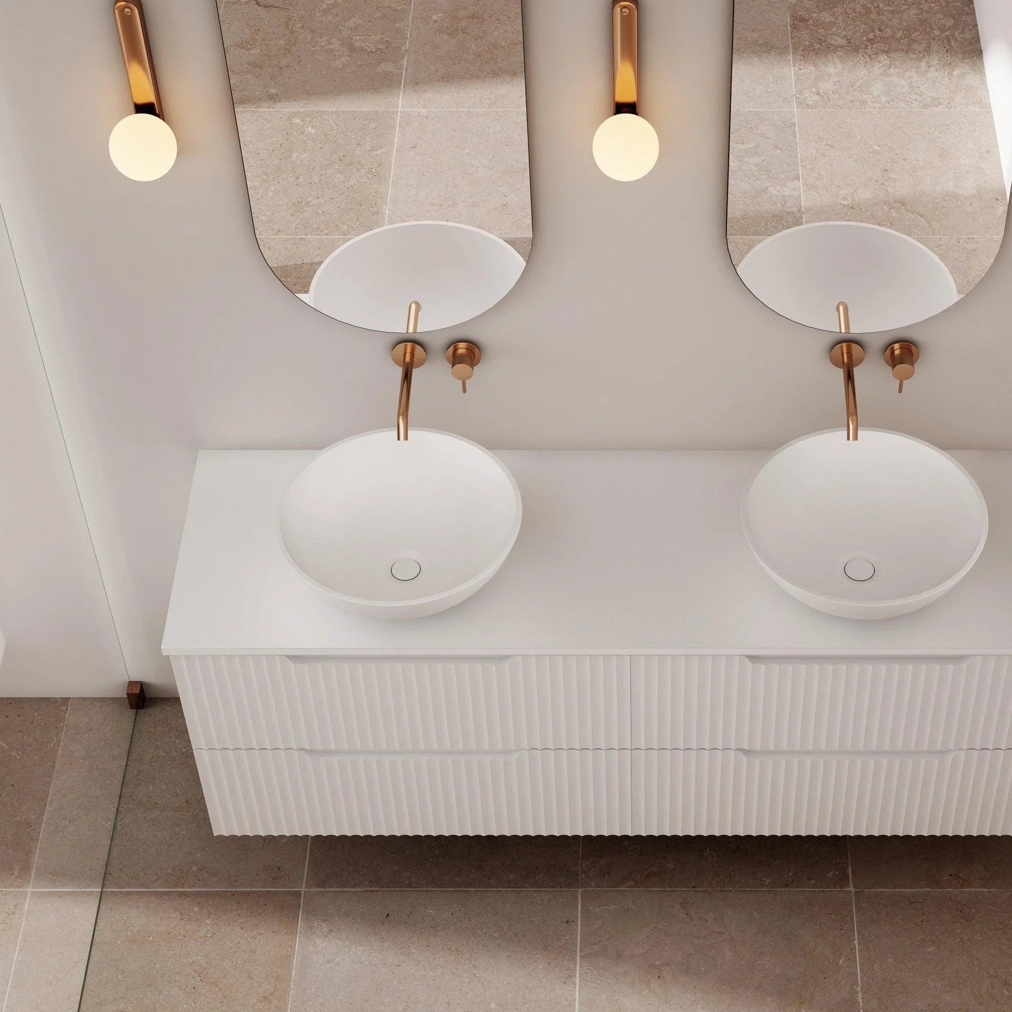 Milano Wave Flute Wall Hung Vanity Matte White - Ideal Bathroom CentreWAVE1500WHMW1500mm Double BowlStone Bench Top