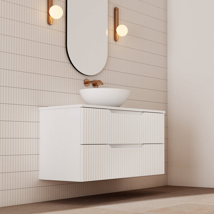 Milano Wave Flute Wall Hung Vanity Matte White - Ideal Bathroom CentreWAVE750WHMW750mm Centre BowlCeramic Moduled Top