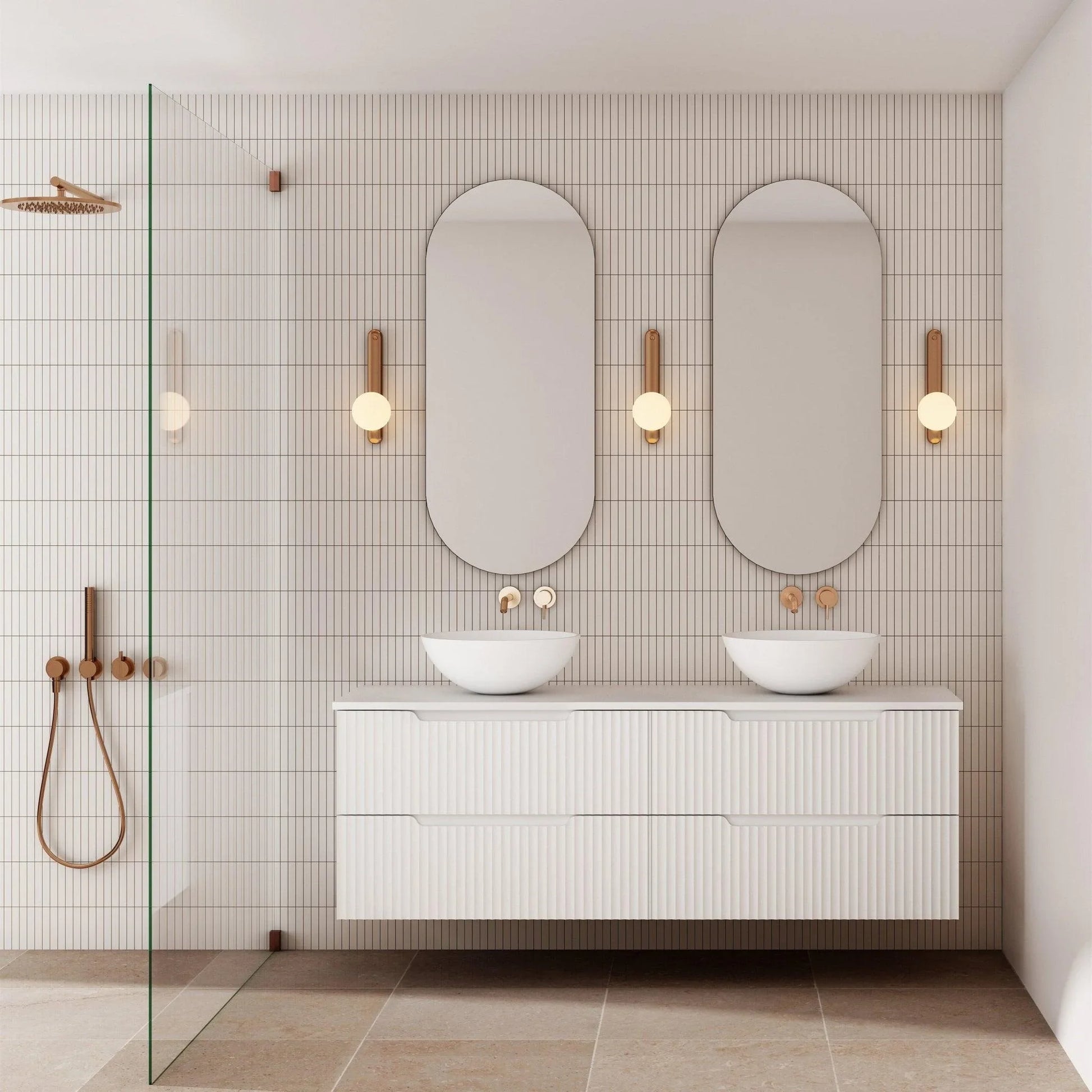 Milano Wave Flute Wall Hung Vanity Matte White - Ideal Bathroom CentreWAVE1500WHMW1500mm Double BowlStone Bench Top