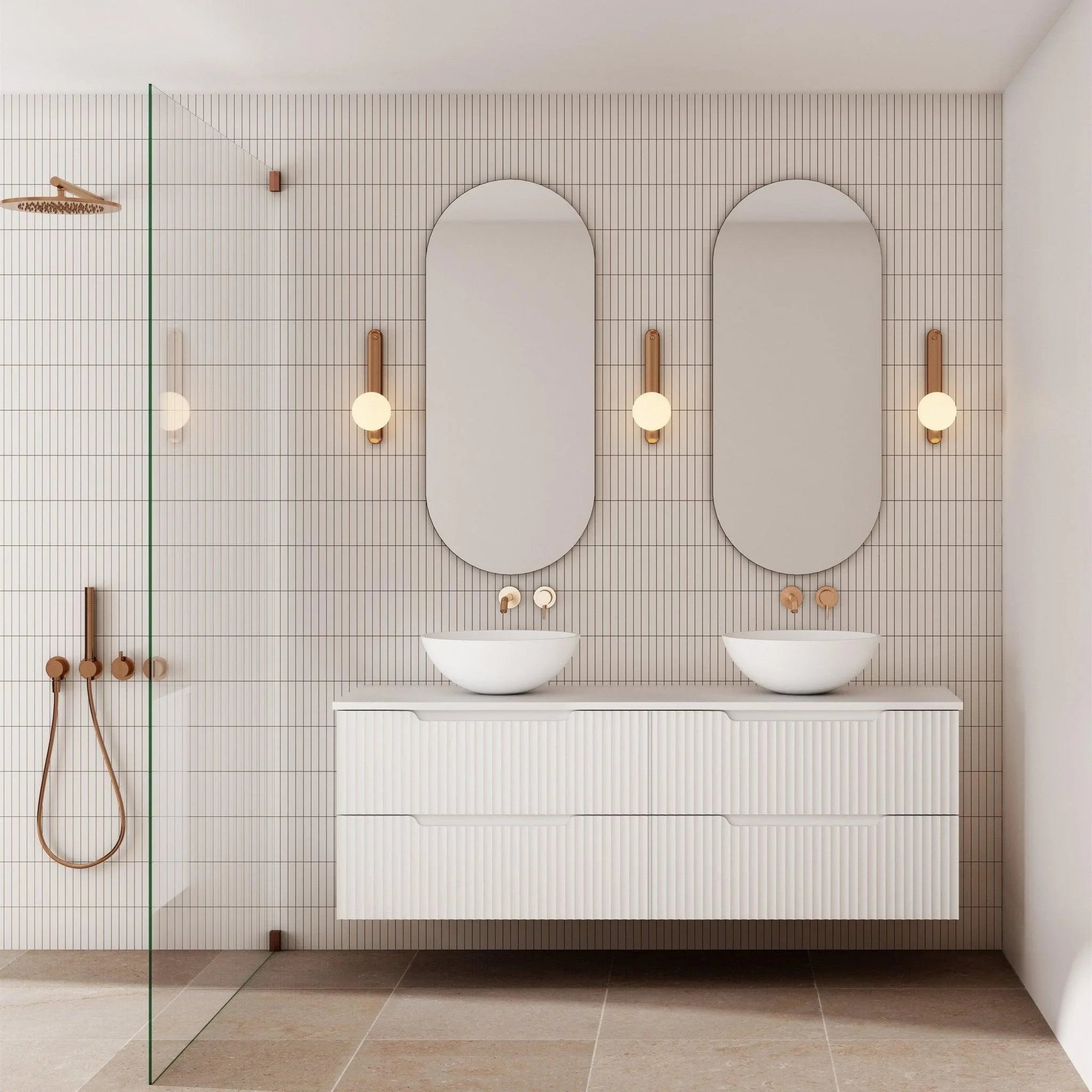 Milano Wave Flute Wall Hung Vanity Matte White - Ideal Bathroom CentreWAVE1500WHMW1500mm Double BowlStone Bench Top