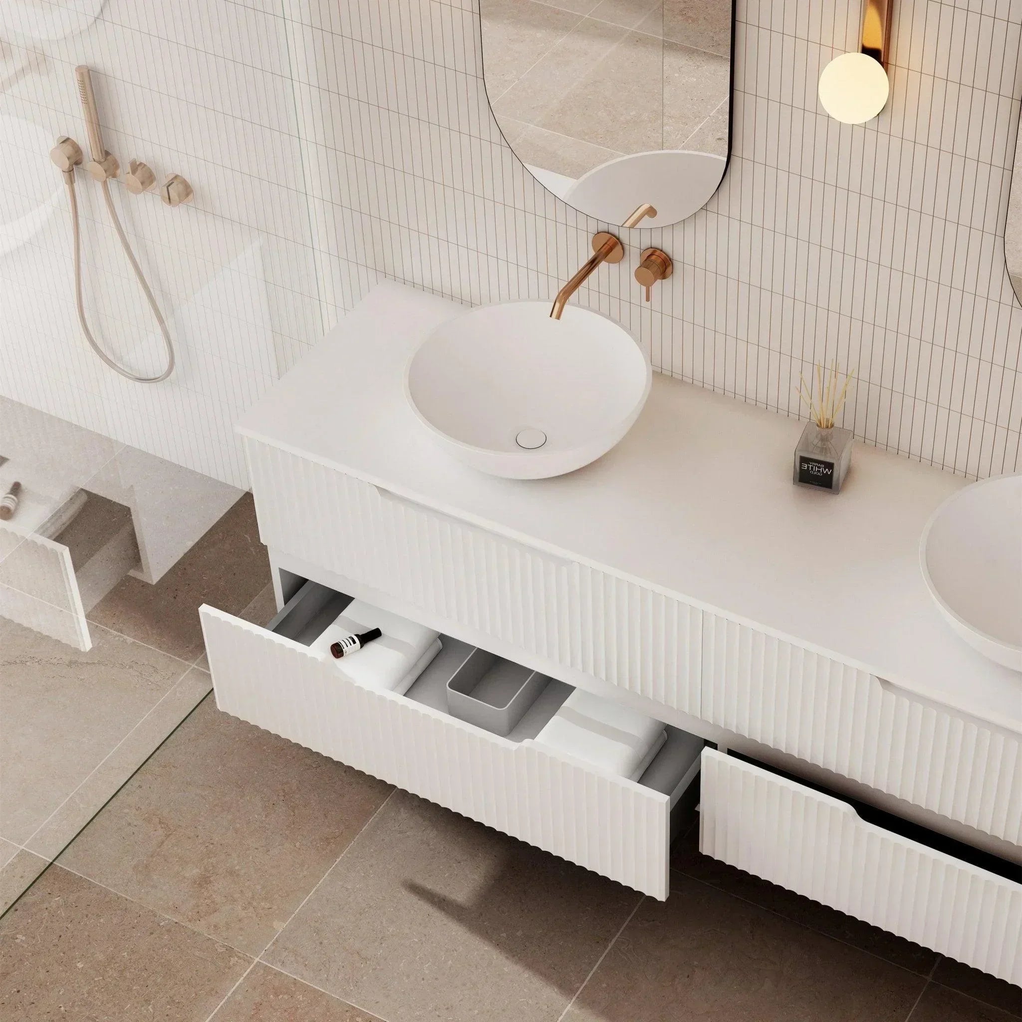 Milano Wave Flute Wall Hung Vanity Matte White - Ideal Bathroom CentreWAVE1500WHMW1500mm Double BowlStone Bench Top