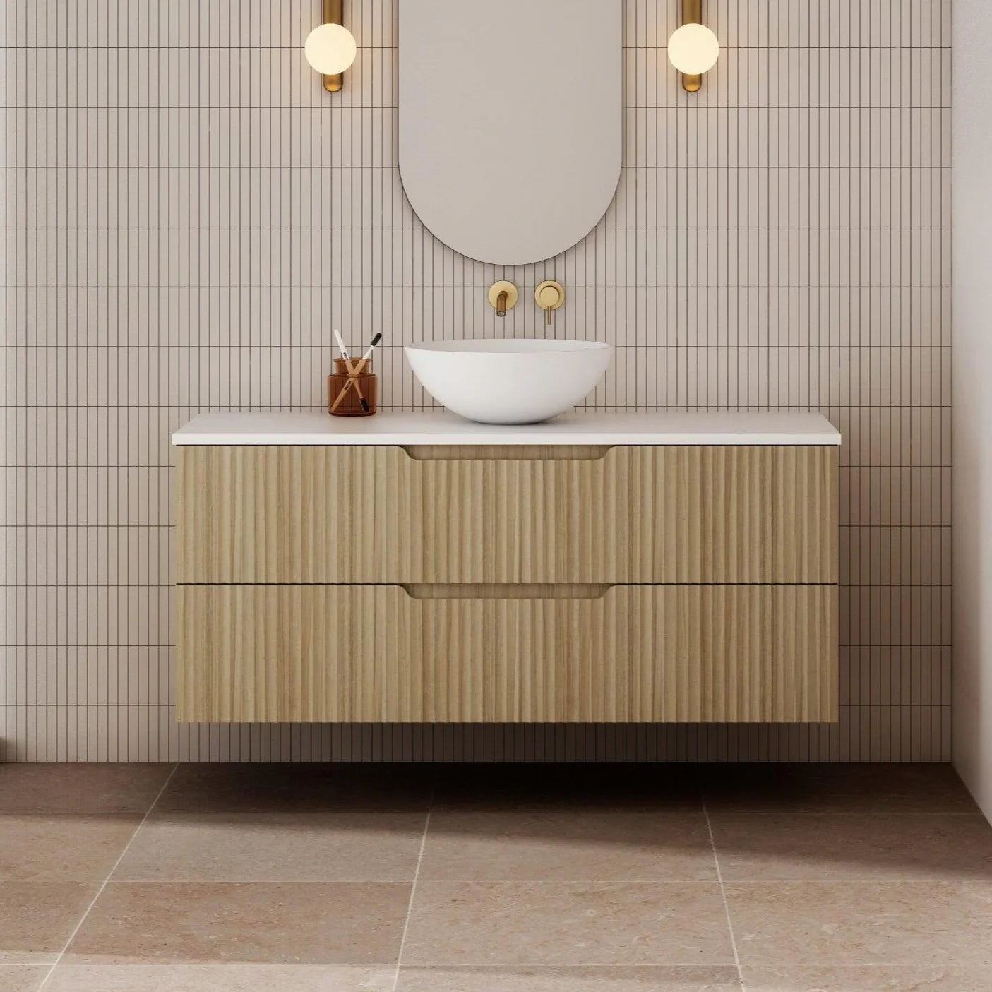 Milano Wave Flute 1200mm Wall Hung Vanity Natural Oak