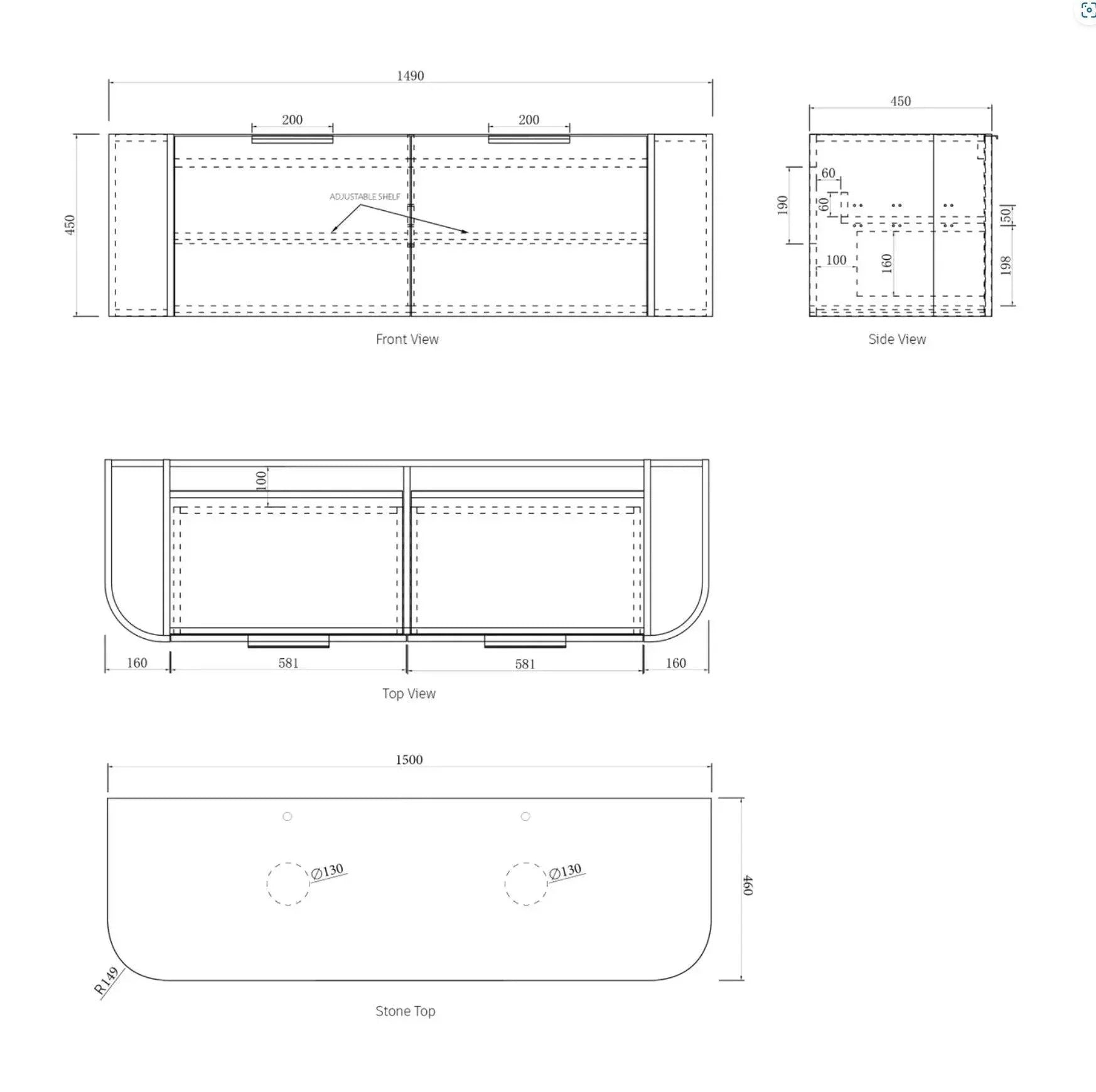 Otti Bondi Wave 1500mm Wall Hung Vanity - Ideal Bathroom CentreBO1500BSTWHITEBlack OakQuartz Stone Pure White