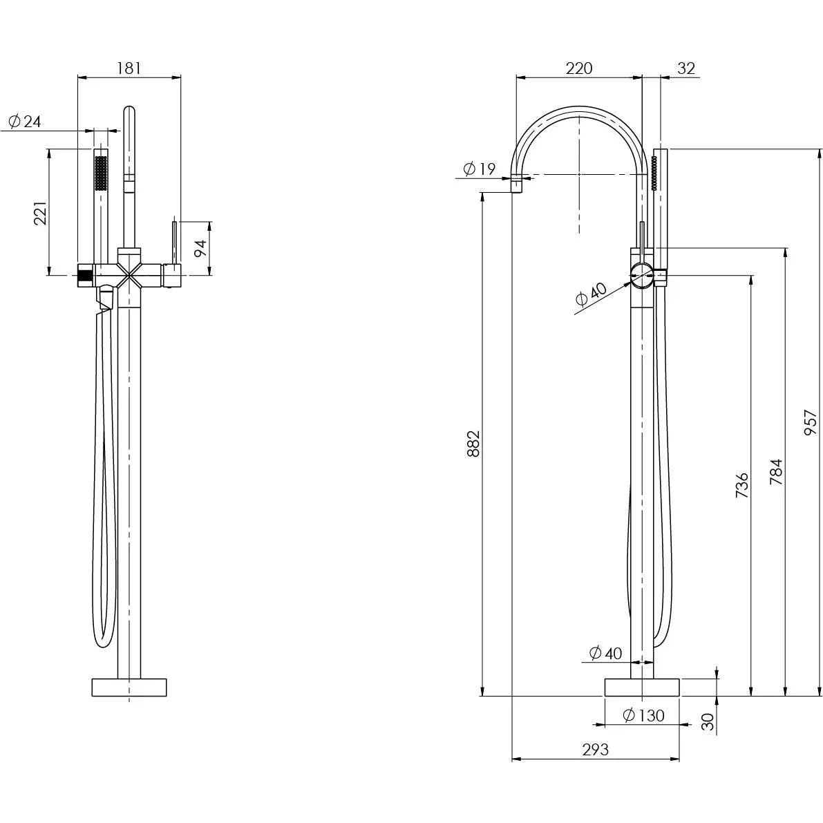 Phoenix Vivid Slimline Floor Mounted Bath Mixer with Hand Shower, Brushed Gold