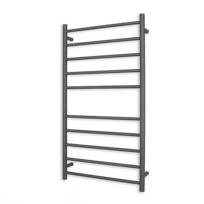 Radiant Heated Towel Rail - 600 x 1100mm - 10 Round Bars - Gun Metal Grey - Bottom Left Power Outlet