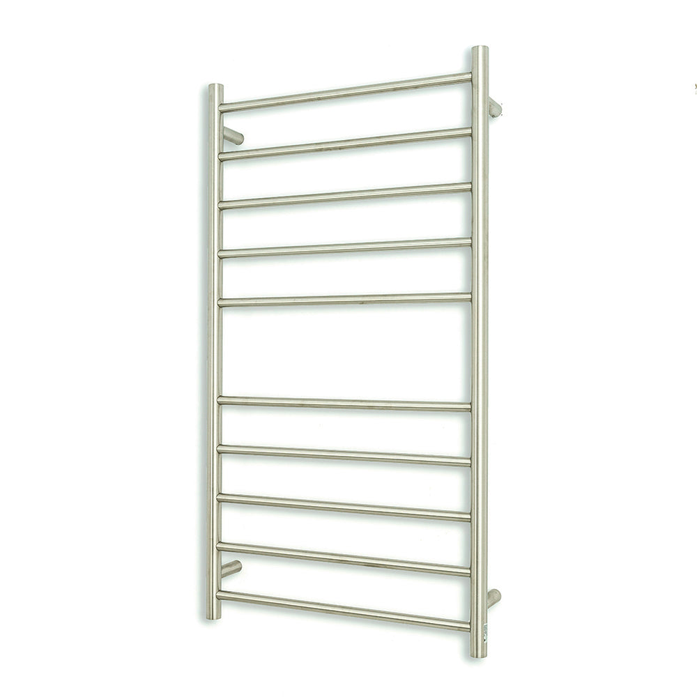 Heated Towel Rail - 600 x 1100mm - 10 Round Bars - Brushed Satin - Bottom Left Power Outlet