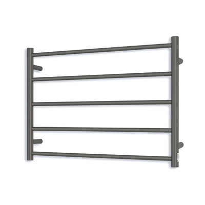 Radiant Heated Towel Rail - 750 x 550mm - 5 Round Bars - Gun Metal Grey - Bottom Left Power Outlet