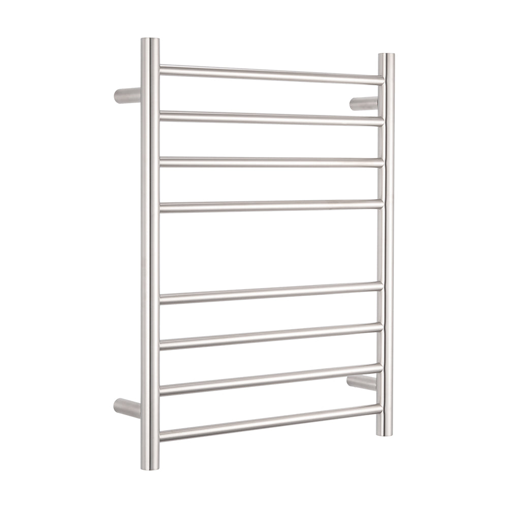 Heated Towel Rail - 530 x 700mm - 8 Round Bars -  Brushed Satin - Bottom Left Power Outlet
