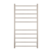Heated Towel Rail - 600 x 1100mm - 10 Round Bars - Brushed Nickel - Bottom Left Power Outlet