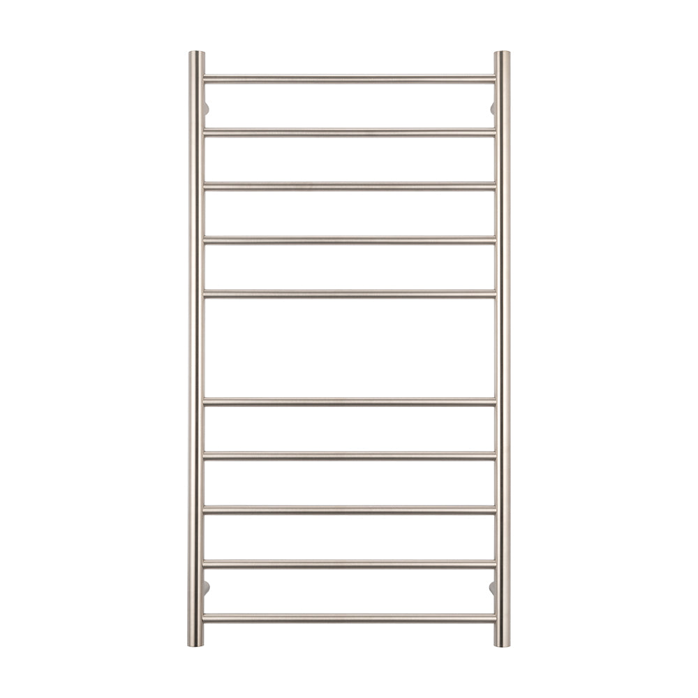 Heated Towel Rail - 600 x 1100mm - 10 Round Bars - Brushed Nickel - Bottom Left Power Outlet