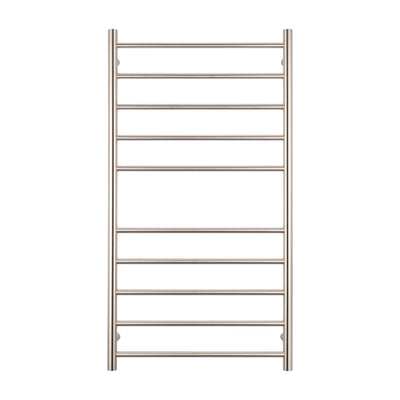 Radiant Heated Towel Rail - 600 x 1100mm - 10 Round Bars - Brushed Nickel - Bottom Left Power Outlet