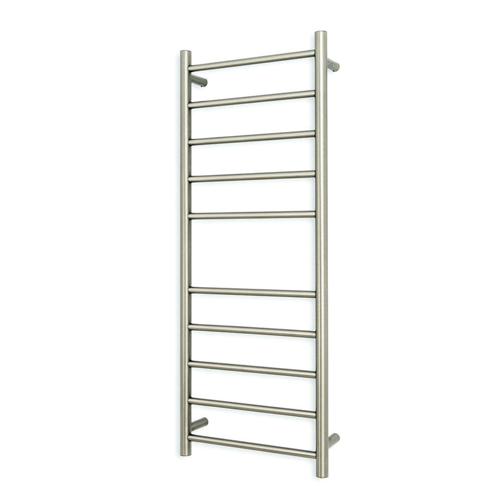 Heated Towel Rail - 430 x 1100mm - 10 Round Bars - Cool Brushed Nickel - Bottom Left Power Outlet