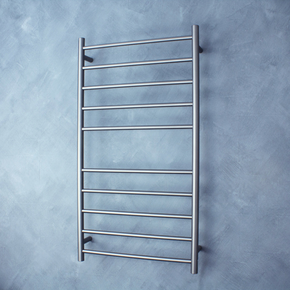 Radiant Heated Towel Rail - 600 x 1100mm - 10 Round Bars - Gun Metal Grey - Bottom Right Power Outlet ｜ Ideal Bathroom Centre