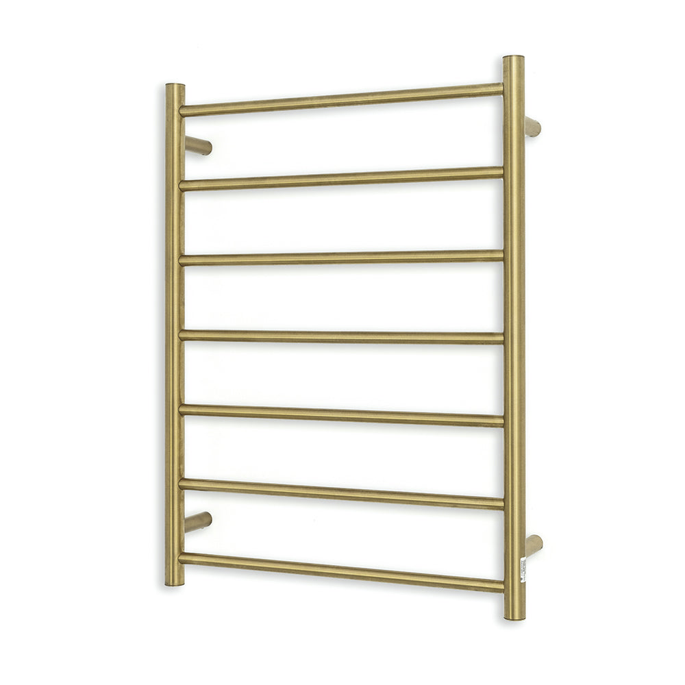 Heated Towel Rail - 600 x 800mm - 7 Round Bars - Brushed Gold - Bottom Left Power