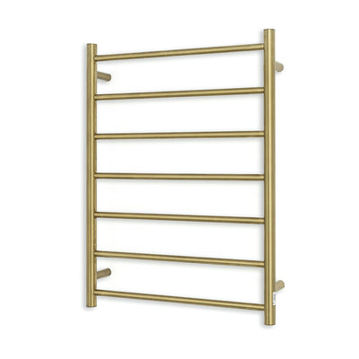 Radiant Heated Towel Rail - 600 x 800mm - 7 Round Bars - Brushed Gold - Bottom Left Power