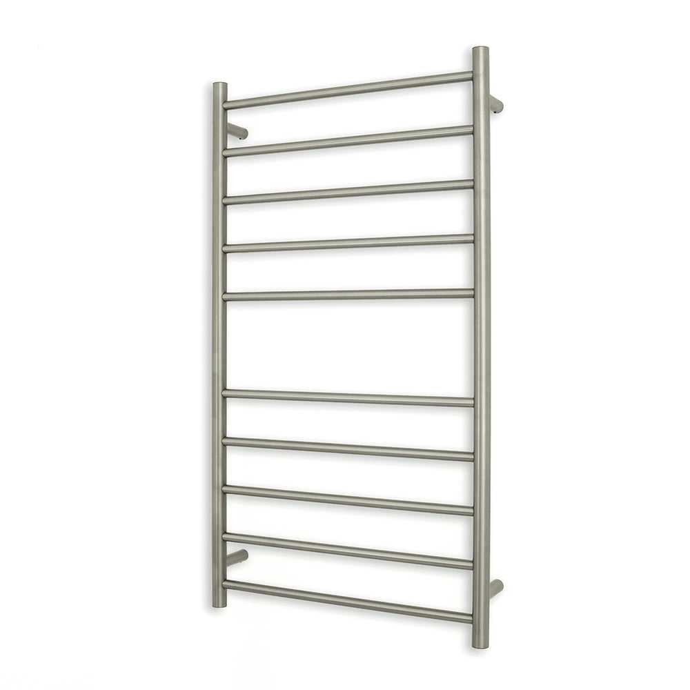 Heated Towel Rail - 600 x 1100mm - 10 Round Bars - Cool Brushed Nickel - Bottom Left Power Outlet