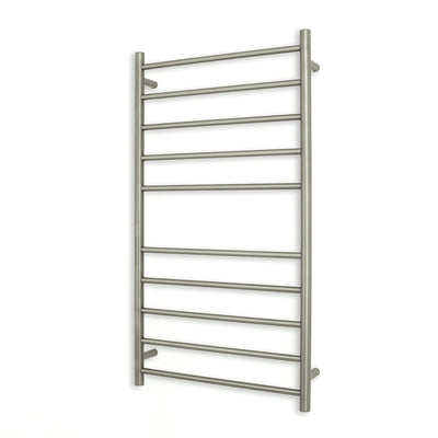 Radiant Heated Towel Rail - 600 x 1100mm - 10 Round Bars - Cool Brushed Nickel - Bottom Left Power Outlet