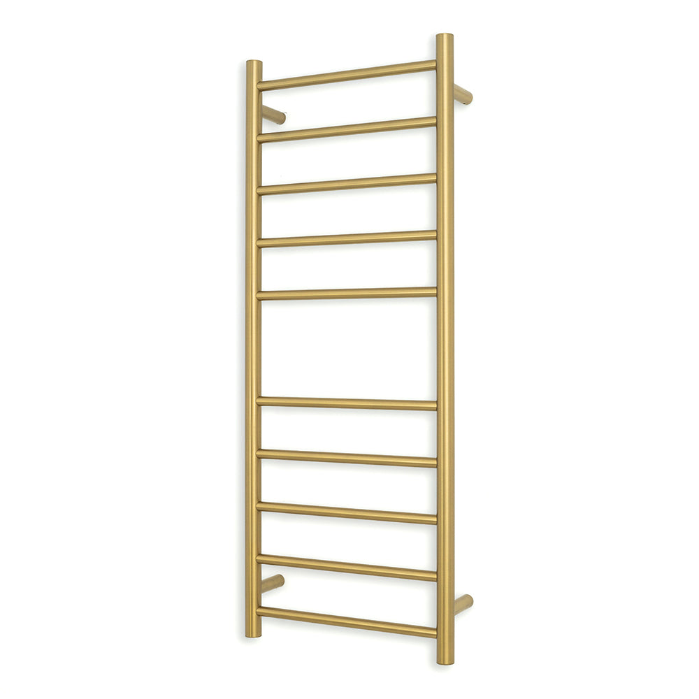 Heated Towel Rail - 430 x 1100mm - 10 Round Bars - Brushed Gold - Bottom Left Power Outlet