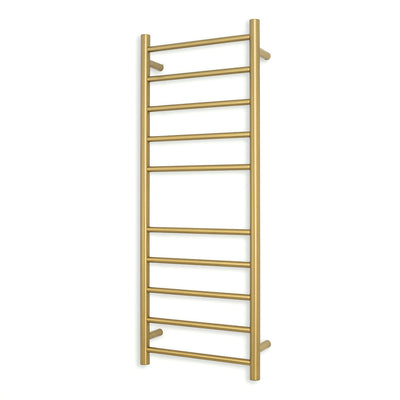 Radiant Heated Towel Rail - 430 x 1100mm - 10 Round Bars - Brushed Gold - Bottom Left Power Outlet