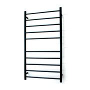 Radiant Heated Towel Rail - 600 x 1100mm - 10 Round Bars - Matt Black - Bottom Right Power Outlet ｜ Ideal Bathroom Centre