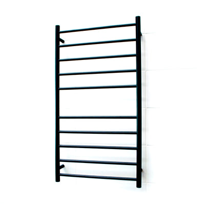 Radiant Heated Towel Rail - 600 x 1100mm - 10 Round Bars - Matt Black - Bottom Left Power Outlet