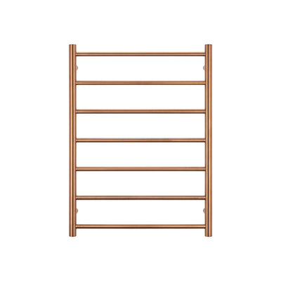Radiant Heated Towel Rail - 600 x 800mm - 7 Round Bars - Brushed Copper - Bottom Left Power Outlet