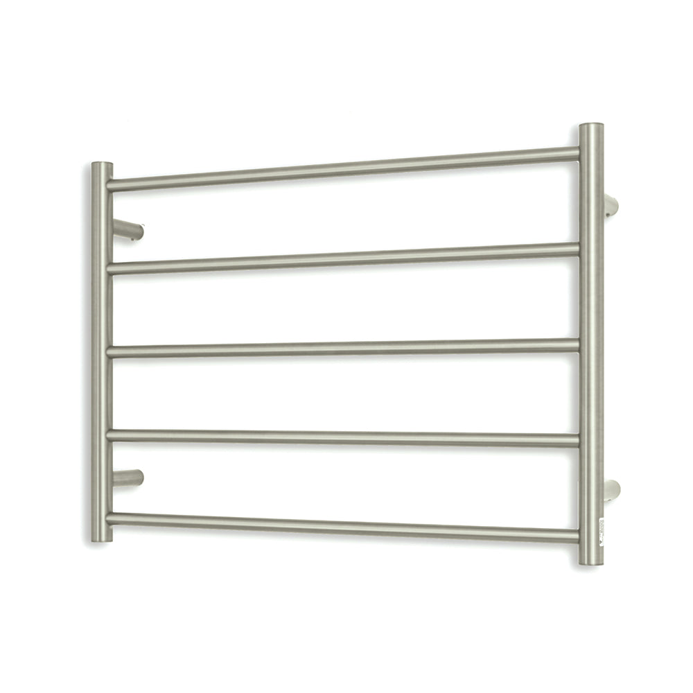 Heated Towel Rail - 750 x 550mm - 5 Round Bars - Cool Brushed Nickel - Bottom Left Power Outlet