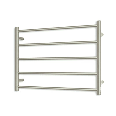 Radiant Heated Towel Rail - 750 x 550mm - 5 Round Bars - Cool Brushed Nickel - Bottom Left Power Outlet
