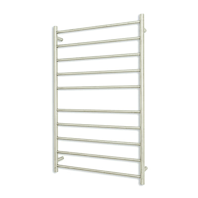 Radiant Heated Towel Rail - 750 x 1200mm - 10 Round Bars - Brushed Satin - Bottom Left Power Outlet