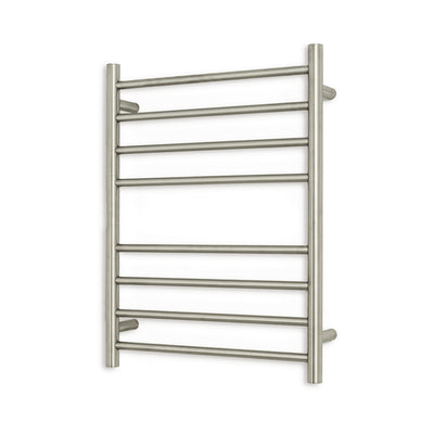 Radiant Heated Towel Rail - 530 x 700mm - 8 Round Bars - Cool Brushed Nickel - Bottom Left Power Outlet