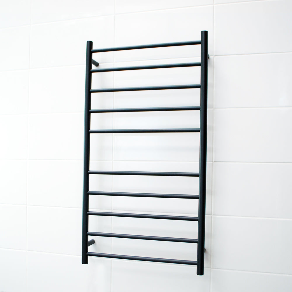 Radiant Heated Towel Rail - 600 x 1100mm - 10 Round Bars - Matt Black - Bottom Right Power Outlet ｜ Ideal Bathroom Centre