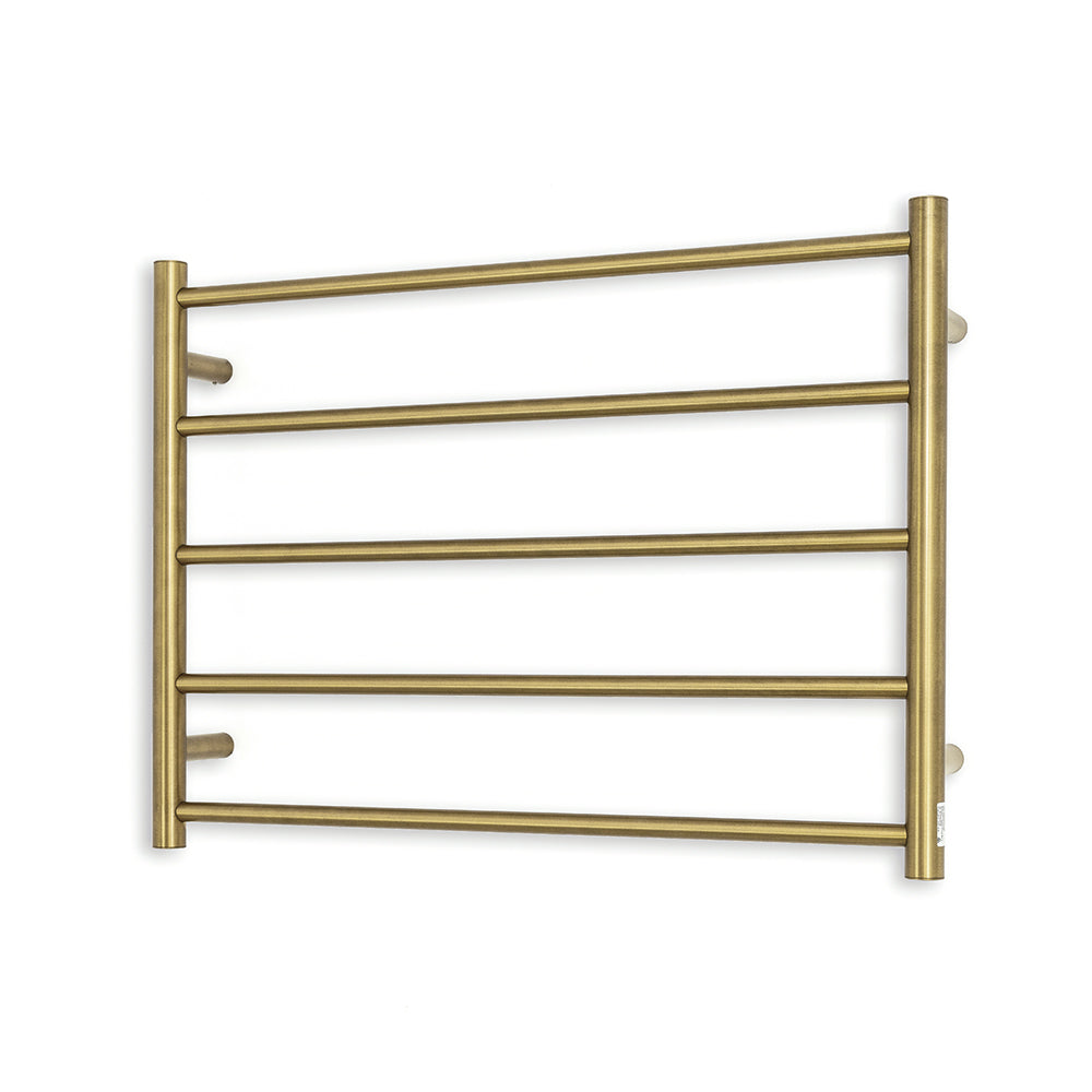 Heated Towel Rail - 750 x 550mm - 5 Round Bars - Brushed Gold - Bottom Left Power Outlet