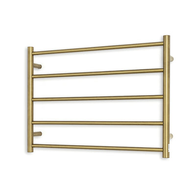 Radiant Heated Towel Rail - 750 x 550mm - 5 Round Bars - Brushed Gold - Bottom Left Power Outlet