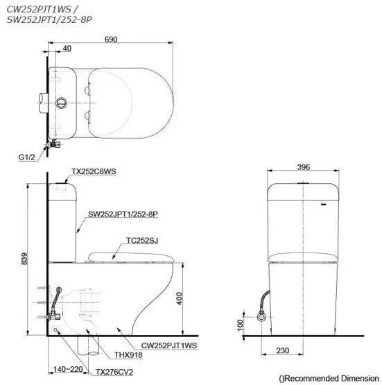 TOTO Hayon CW252PJT1WS / SW252JPT1/252 - 8P Back to Wall Toilet Suit - Ideal Bathroom CentreCW553EAT + TCF34470GAU