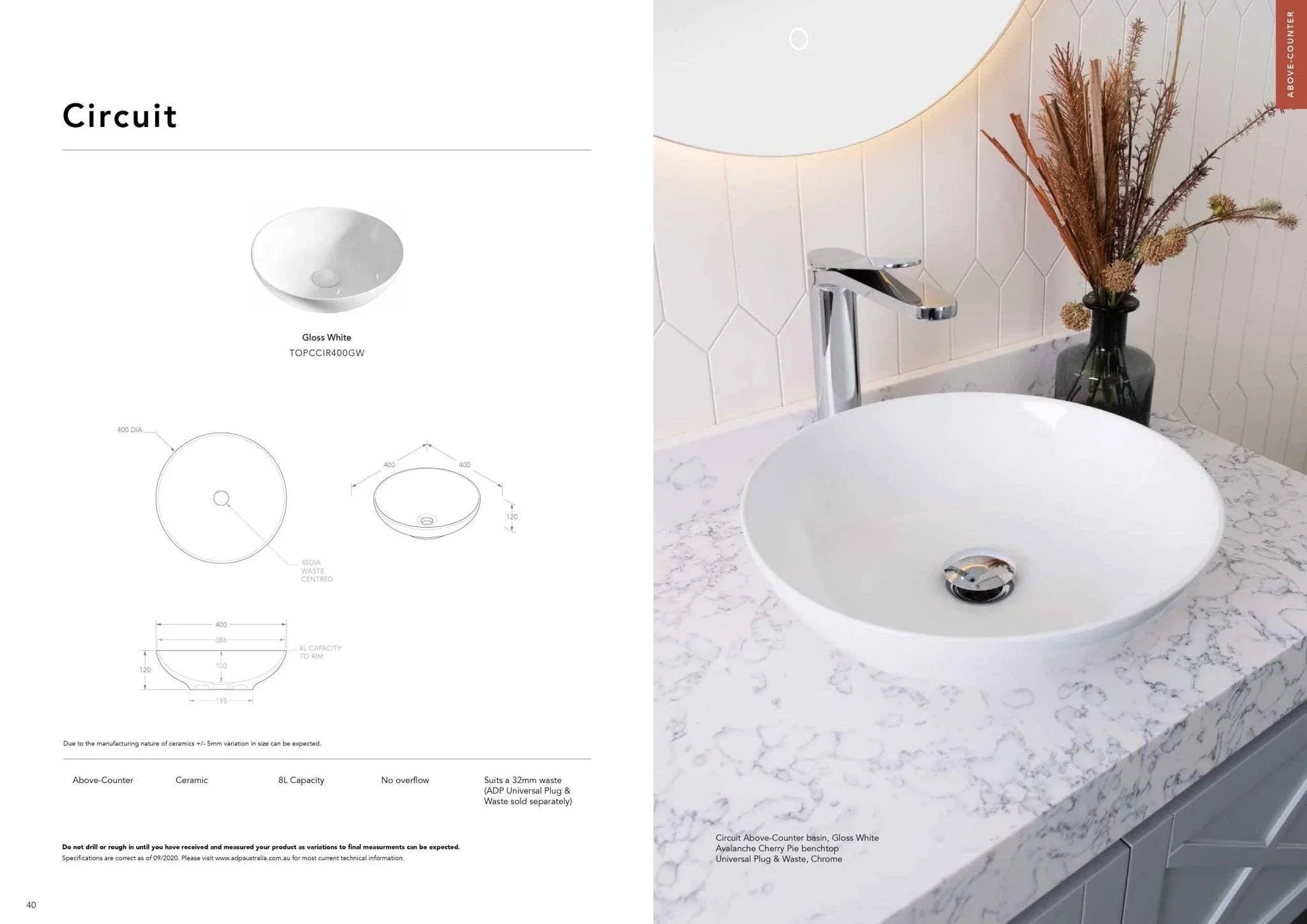 ADP Circuit Ceramic Above Counter Basin - Ideal Bathroom CentreTOPCCIR400GW