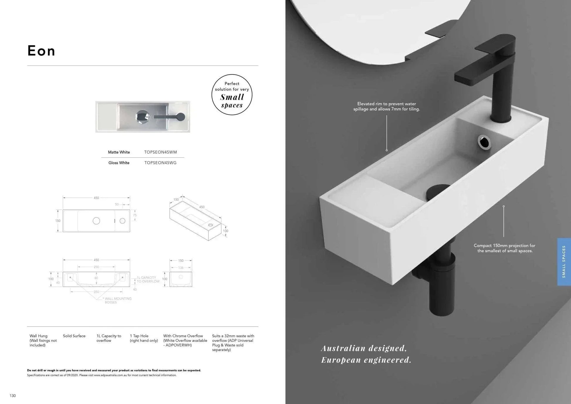 ADP Eon Solid Surface Wall Hung Basin - Ideal Bathroom CentreTOPSEON45WGGloss White