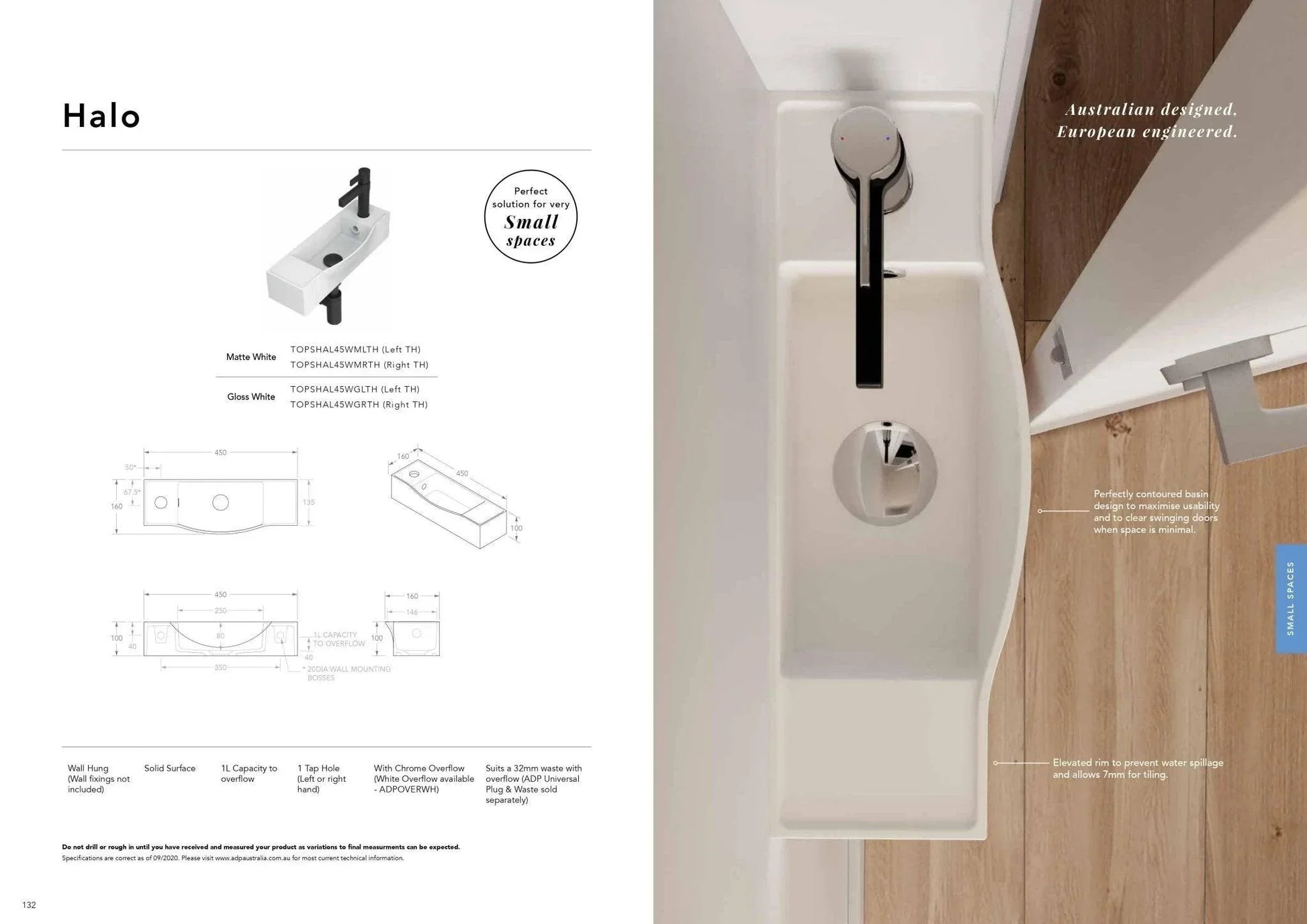 ADP Halo Solid Surface Wall Hung Basin - Ideal Bathroom CentreTOPSHAL45WGLTHGloss WhiteLeft Tap Hole