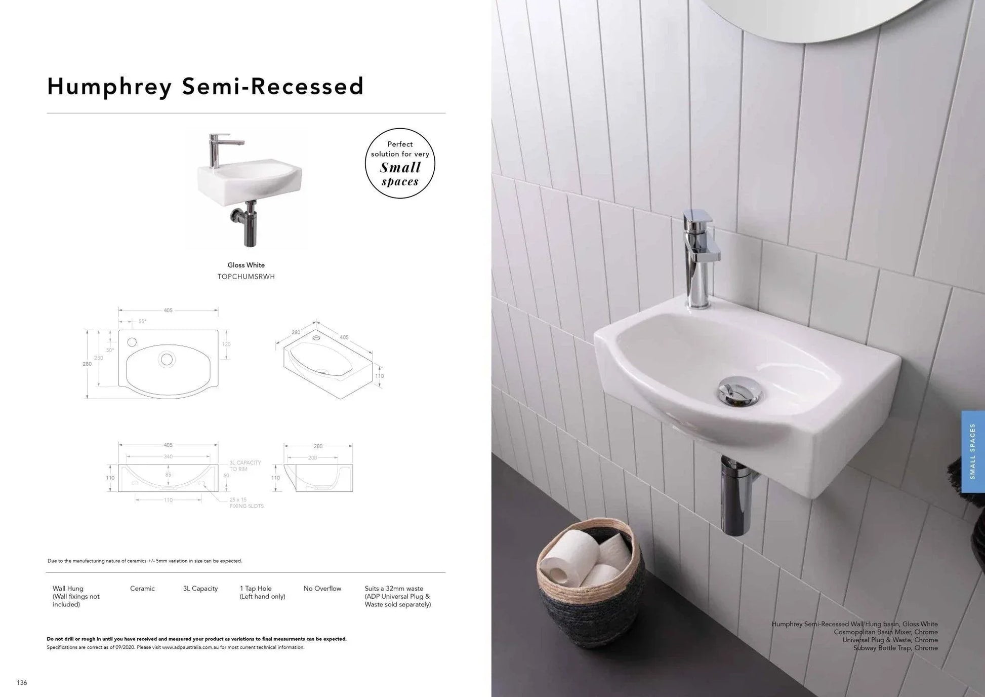 ADP Humphrey Semi-Recessed Ceramic Wall Hung Basin - Ideal Bathroom CentreTOPCHUMSRWH