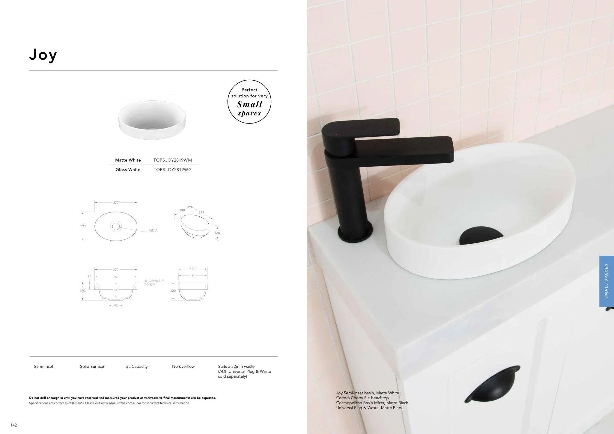 ADP Joy Solid Surface Semi Inset Basin - Ideal Bathroom CentreTOPSJOY2819WMMatte White