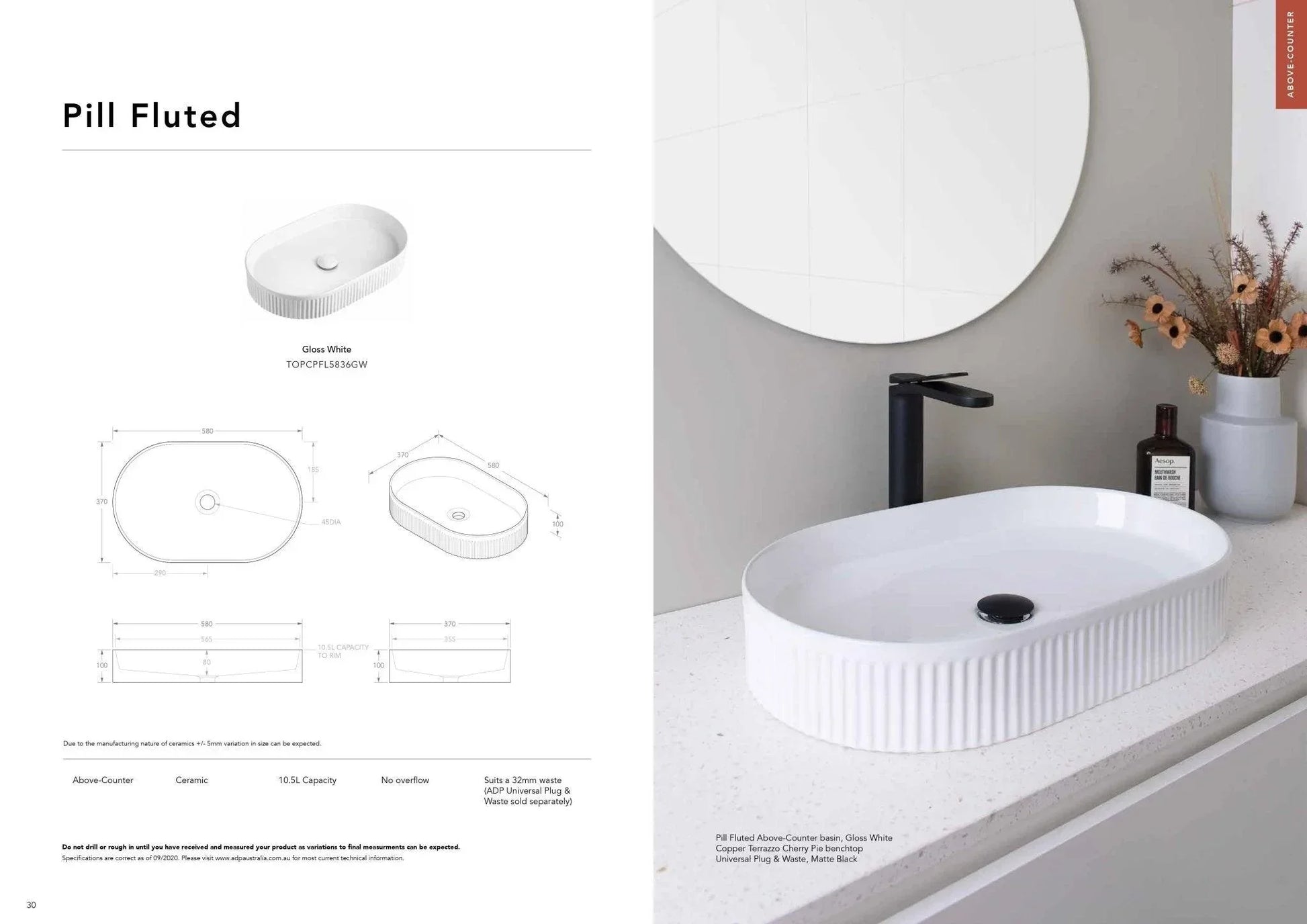 ADP Pill Fluted Ceramic Above Counter Basin - Ideal Bathroom CentreTOPCPFL5836GW