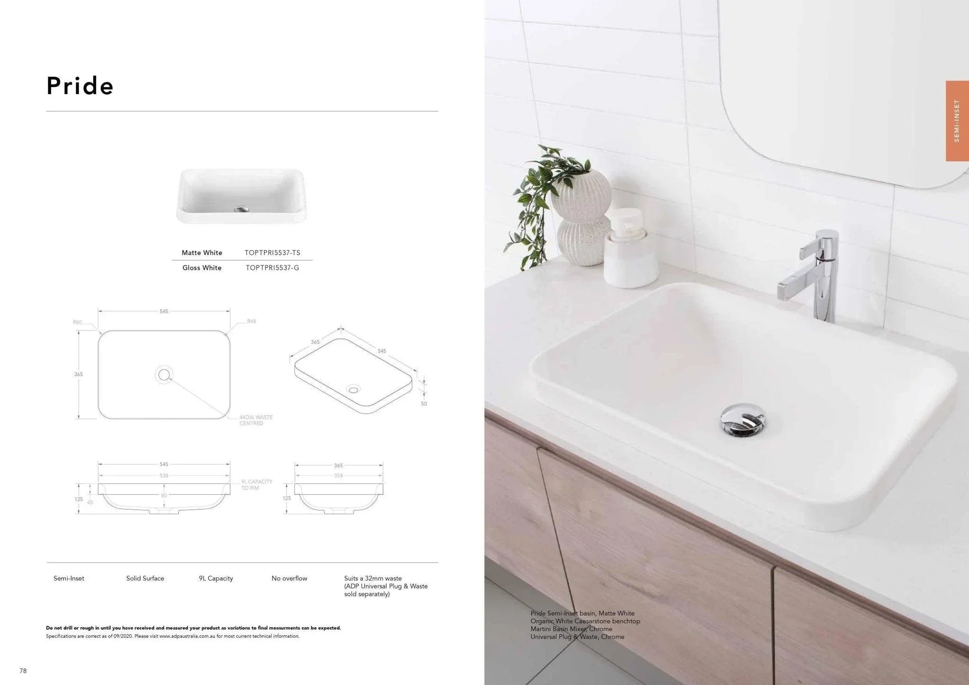 ADP Pride Solid Surface Semi Inset Basin - Ideal Bathroom CentreTOPTPRI5537-GGloss White