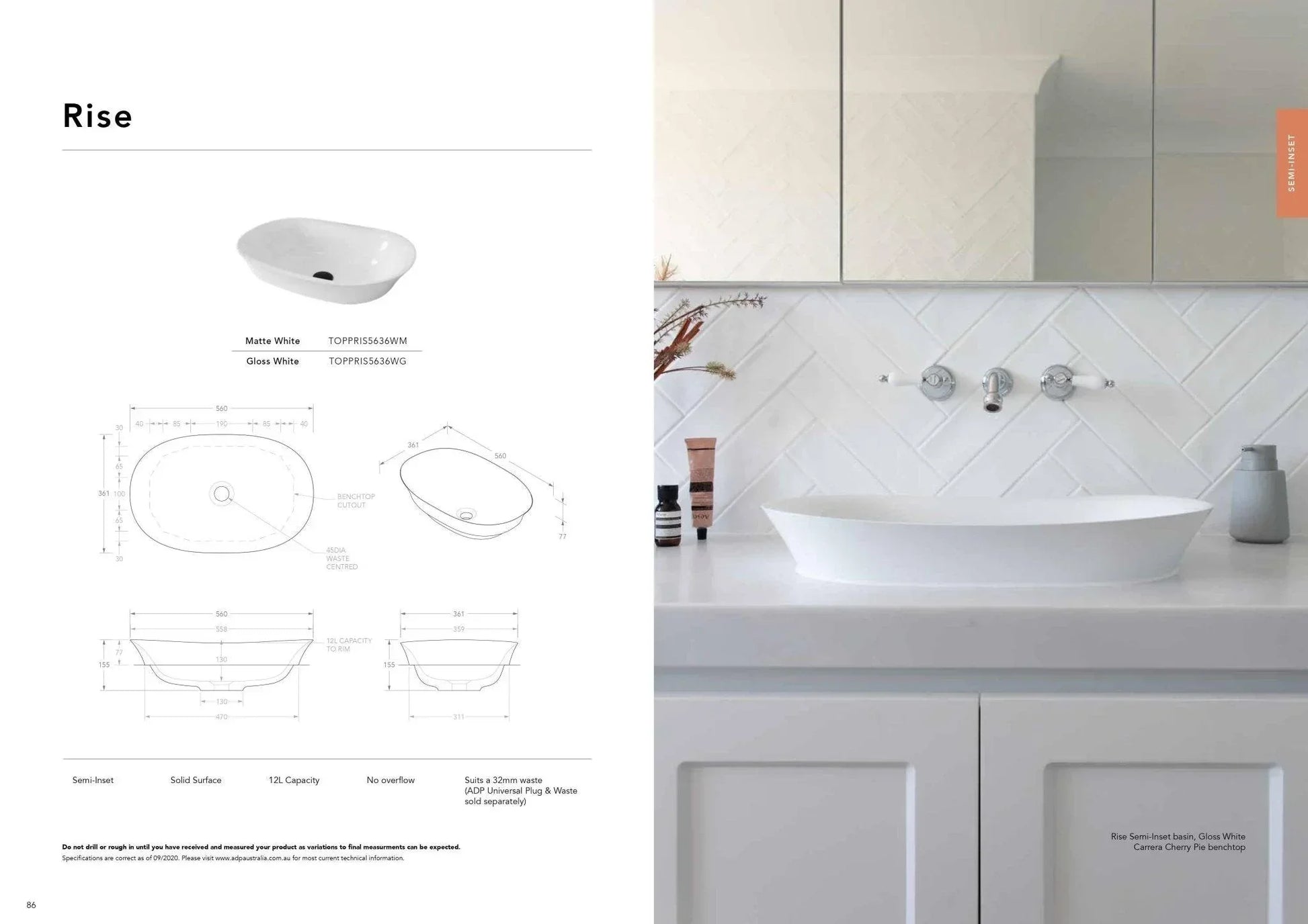 ADP Rise Solid Surface Semi Inset Basin - Ideal Bathroom CentreTOPPRIS5636WGGloss White
