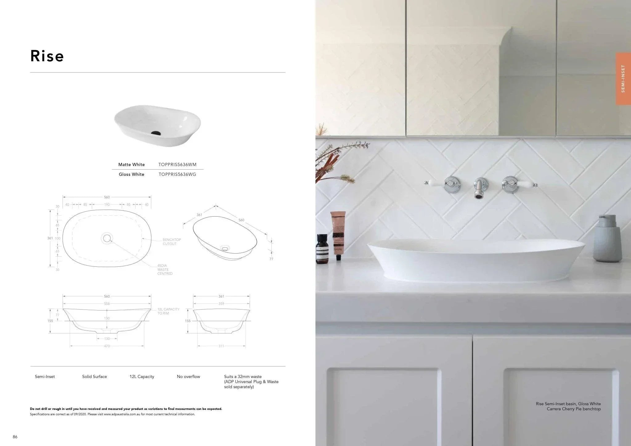 ADP Rise Solid Surface Semi Inset Basin - Ideal Bathroom CentreTOPPRIS5636WGGloss White