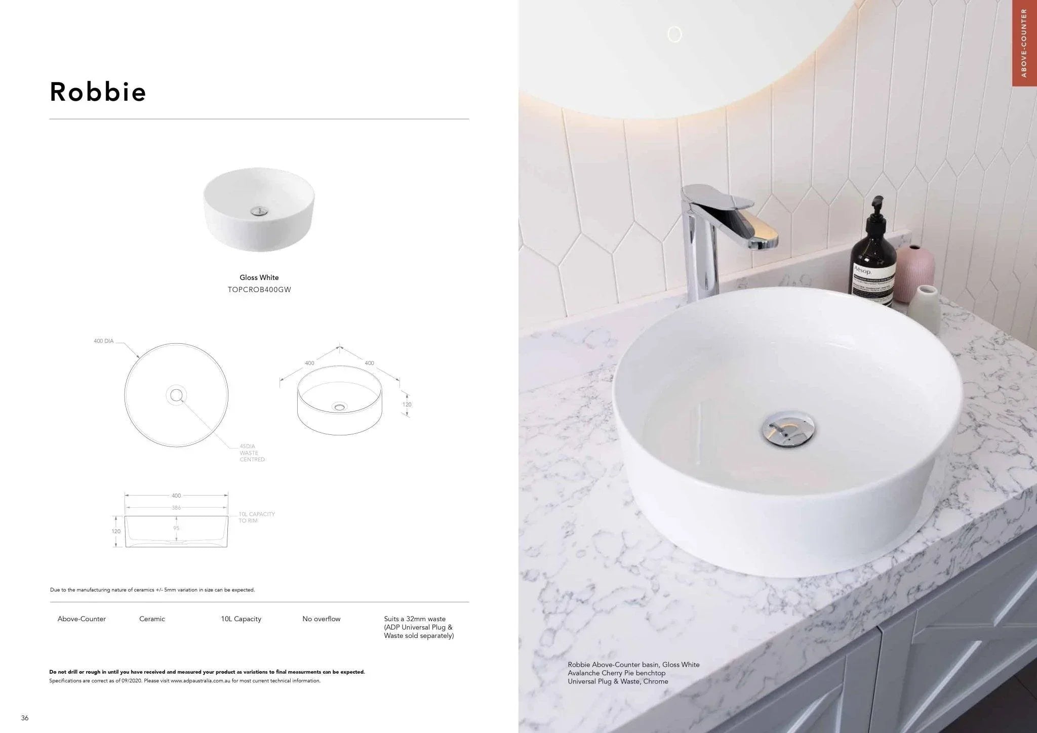 ADP Robbie Ceramic Above Counter Basin - Ideal Bathroom CentreTOPCROB400GW
